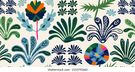 Hand drawn ethnic botanical ornamental pattern. Cute abstract organic shapes print. Collage contemporary design. 