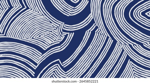 Hand drawn ethnic brush lines abstract overlapping circle shapes pattern in white and blue, Japanese wood carving, basketry texture background, simple graphic for textile, carpet, decoration