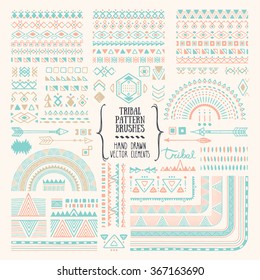 Hand drawn ethnic brushes, patterns, textures. Artistic vector collection of design elements: tribal geometric ornament, aztec style, native americans' fabric. Pattern brushes are included in EPS.