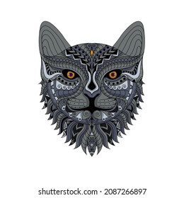 ilustración de la cabeza de un gato étnico dibujado a mano fondo blanco