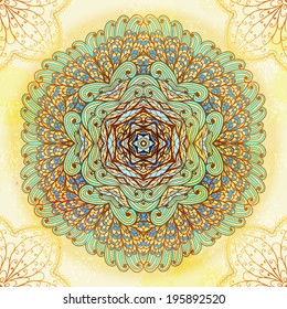 Hand drawn ethnic circular beige and blue ornament. Eps10