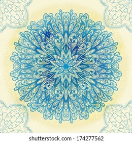 Hand drawn ethnic circular blue ornament. Eps10