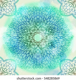 Hand drawn ethnic circular blue winter floral doodle ornament