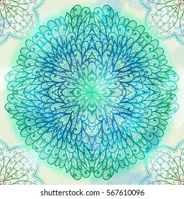 Hand drawn ethnic circular blue winter floral doodle ornament