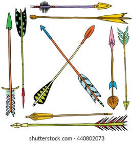 Hand drawn ethnic collection with arrows for design, rustic decorative arrows, hippie and boho style vector illustration 
