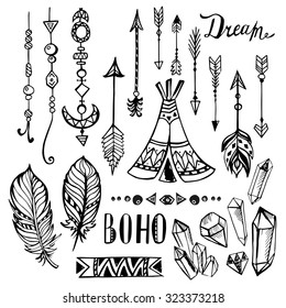 Hand Drawn Ethnic Design Elements. Collection. Vector Set With Tribal, Indian, Aztec, Hipster, Boho Elements