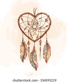 Hand drawn ethnic dreamcatcher heart. Native vector illustration. Boho colorful sketch for tattoo, poster, print, t-shirt