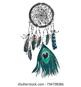 Hand drawn ethnic dreamcatcher. Native vector illustration. Boho colorful sketch for tattoo, poster, print, t-shirt