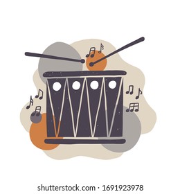 Hand drawn ethnic drum silhouette with stylized background. Classical music concert vector banner template. Cultural entertainment. Musical instrument with notes. Shop, store poster design idea