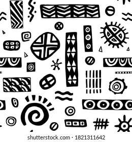 Hand drawn ethnic elements sketch pattern. Black tribal geometric ornament 