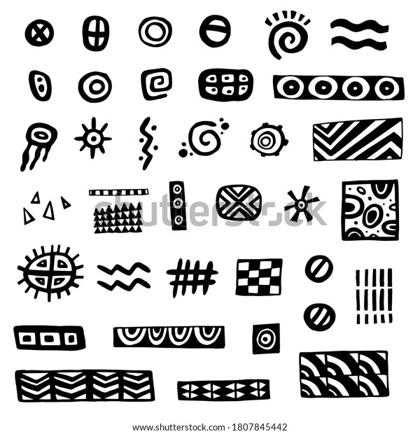 Hand drawn ethnic elements sketch\
illustration. Black tribal geometric ornament\
patterns