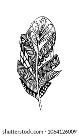 Hand Drawn Ethnic feathers. Tribal Feathers Vintage sketch. Ink vector illustration.