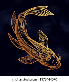 Hand drawn ethnic fish Koi carp - symbol of harmony, wisdom. Vector illustration isolated. Spiritual art for tattoo. Beautifully detailed, serene.