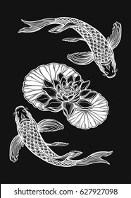 Hand drawn ethnic fish (Koi carp) with water lotus flowers - symbol of harmony, wisdom. Vector illustration isolated. Spiritual art for tattoo, boho, coloring books. Beautifully detailed, serene.
