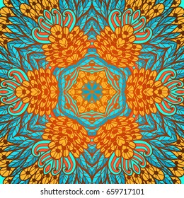 Hand drawn ethnic floral blue and yellow ornamental pattern