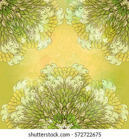 Hand drawn ethnic floral green and yellow grunge ornamental pattern