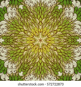 Hand drawn ethnic floral green and white ornamental pattern