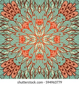 Hand drawn ethnic floral orange and blue ornamental pattern