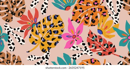 Hand drawn ethnic floral pattern. Seamless patterns with flowers, palm leaves and leopard. For fabric, textiles, clothing, poster, cover, banner, wall art, home decor, abstract backgrounds.