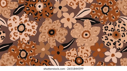 Dibujado a mano patrón floral étnico. Patrones sin fisuras con flores, hojas de palma y leopardo. Para la tela, textiles, ropa, cartel, cubierta, Anuncio, arte de la pared, decoración del hogar, fondos abstractos.