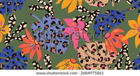 Hand drawn ethnic floral pattern. Seamless patterns with flowers, palm leaves and leopard. For fabric, textiles, clothing, poster, cover, banner, wall art, home decor, abstract backgrounds.