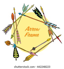 Hand drawn ethnic frame with arrows for design, rustic decorative arrows, hippie and boho style vector illustration 
