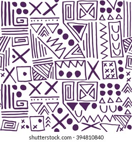 Hand drawn ethnic geometric seamless pattern. Aztec or tribal style pattern with triangle, square and line.