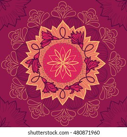 Hand drawn ethnic mandala. Beautiful floral pattern. Colorful cicrle background. Design for your retro shawl and palatine. Vintage print, decorative element.