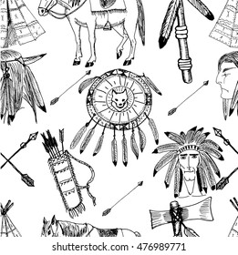 Hand Drawn ethnic native vector illustration. American's Indian warriors, Arrows, tomahawk, shield, bow. Sketches. Seamless pattern.