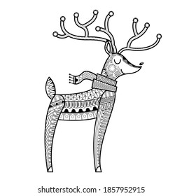 Hand drawn ethnic ornamental patterned cute deer's  adult coloring pages,artistically tattoo, t-shirt print. Vector animal illustration.