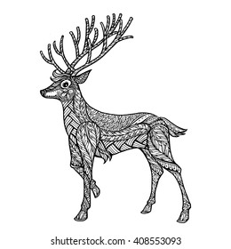 Hand drawn ethnic ornamental patterned deer doodle, zentangle tribal style for adult coloring pages,artistically tattoo, t-shirt print. Vector animal illustration.