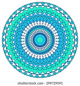 hand drawn ethnic ornamental round abstract bright blue and white background with many details for use in design of silk neckerchief or printing on textile or use for card, invitation or banner cover