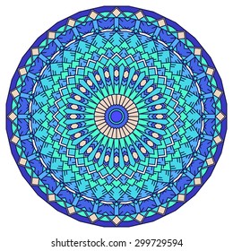 hand drawn ethnic ornamental round abstract blue, beige and purple background with many details for use in design of silk neckerchief or printing on textile or for card, invitation or banner cover. 