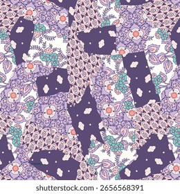 Patrón floral de patchwork étnico dibujado a mano. Vector colorido abstracto dibujado a mano patrón de mosaico sin fisuras con adornos florales,