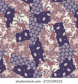 Patrón floral de patchwork étnico dibujado a mano. Vector colorido abstracto dibujado a mano patrón de mosaico sin fisuras con adornos florales, flores estilizadas, puntos, plantas y encaje.