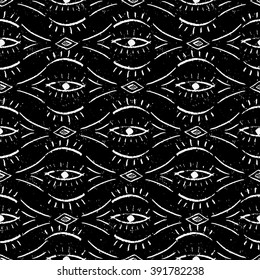Hand drawn ethnic pattern with eyes. Grungy ornamental background for wrapping, wallpaper, textile, cards, banners, flyers