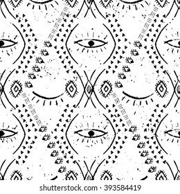 Hand drawn ethnic pattern with eyes. Grungy ornamental background for wrapping, wallpaper, textile, cards, banners, flyers