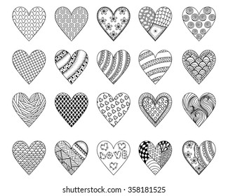 Hand drawn ethnic patterned hearts for St. Valentine's day in doodle, zentangle style for adult coloring pages, tattoo, t-shirt or prints. Decoration elements for postcard. Vector illustration.