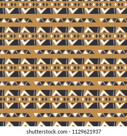 Hand Drawn Ethnic Patterns Stripes , Seamless Diamond Vector Background , Greek Blue Gold Brown Dark Texture for Fashion Prints, Boho Wallpaper, Trendy Stationery, Textiles & Cultural Poster Backdrop