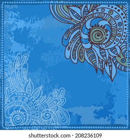 Hand drawn ethnic  quaint frame on grunge watercolor background.  All objects are conveniently grouped on different layers and are easily editable.