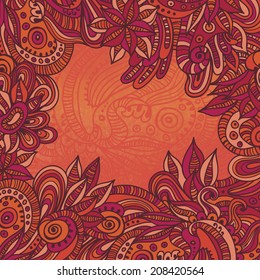 Hand drawn ethnic  quaint frame on grunge watercolor background.  All objects are conveniently grouped on different layers and are easily editable.