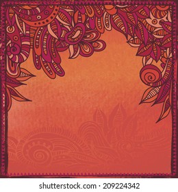 Hand drawn ethnic  quaint frame on grunge watercolor background.  All objects are conveniently grouped on different layers and are easily editable.