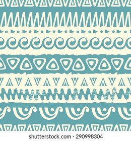 Hand drawn ethnic seamless background with grunge effect. Tribal pattern for your design. Use for fabric, pattern fills, web page background. Zigzag and stripe line