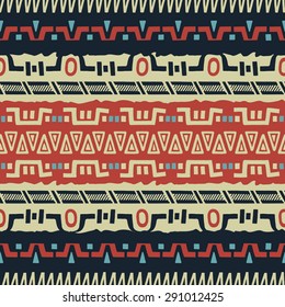 Hand drawn ethnic seamless background. Colored tribal pattern for your design. Use for fabric, pattern fills, web page background. Zigzag and stripe line