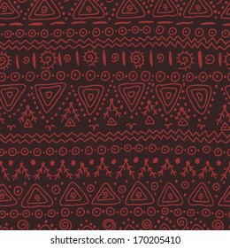 Hand drawn ethnic seamless pattern in dark chocolate and terracotta tones.