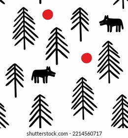Hand drawn ethnic seamless pattern with forest trees and wolf. Vector illustration of woodland animals.