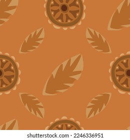 Hand drawn ethnic Seamless Pattern with  Tribal style flowers and leaves on orange background. For textile, packaging, DIY projects.