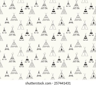 Hand drawn ethnic seamless pattern with Indian wigwams