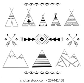 Hand drawn ethnic set with Indian wigwams, ornaments and mountains