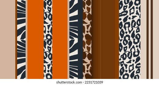 Hand drawn ethnic striped abstract pattern with leopard skin. Collage contemporary print. Fashionable template for design.